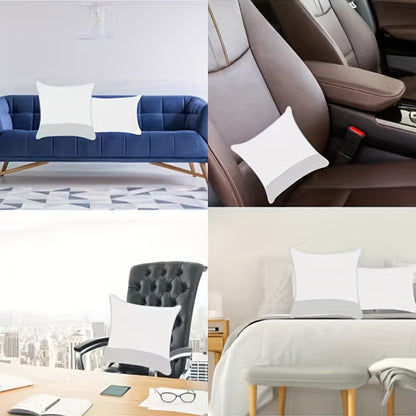 Collage of various settings with white pillows on furniture including a couch, car seat, office chair, and bed.