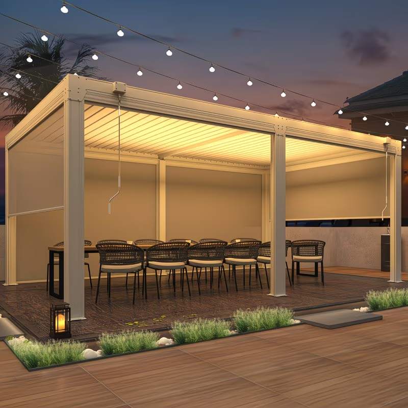 Outdoor patio with pergola, tables, and chairs under string lights at dusk.