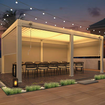 Outdoor patio with pergola, tables, and chairs under string lights at dusk.
