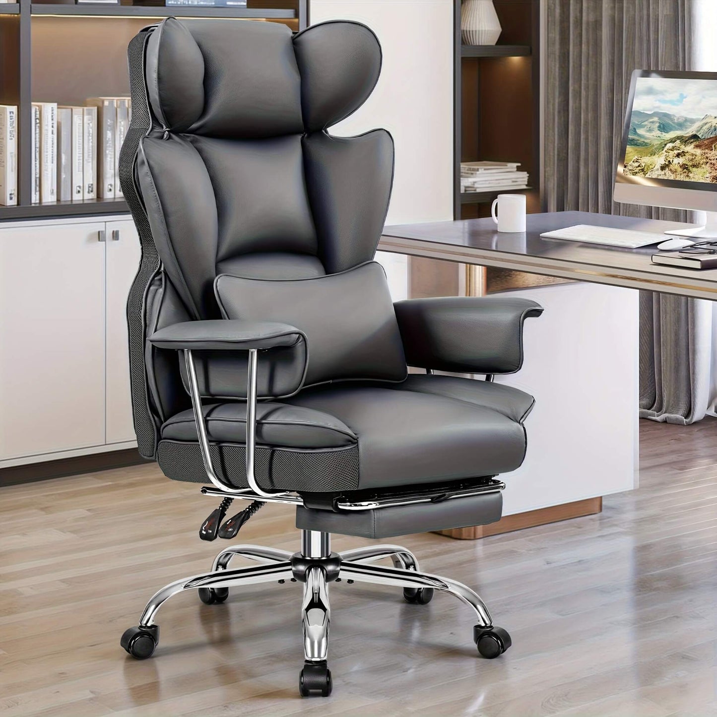 Gray executive office chair in a home office setting.