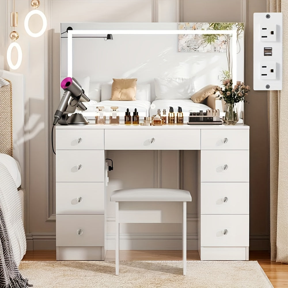 White vanity table with mirror, stool, and cosmetic products in a bedroom setting.