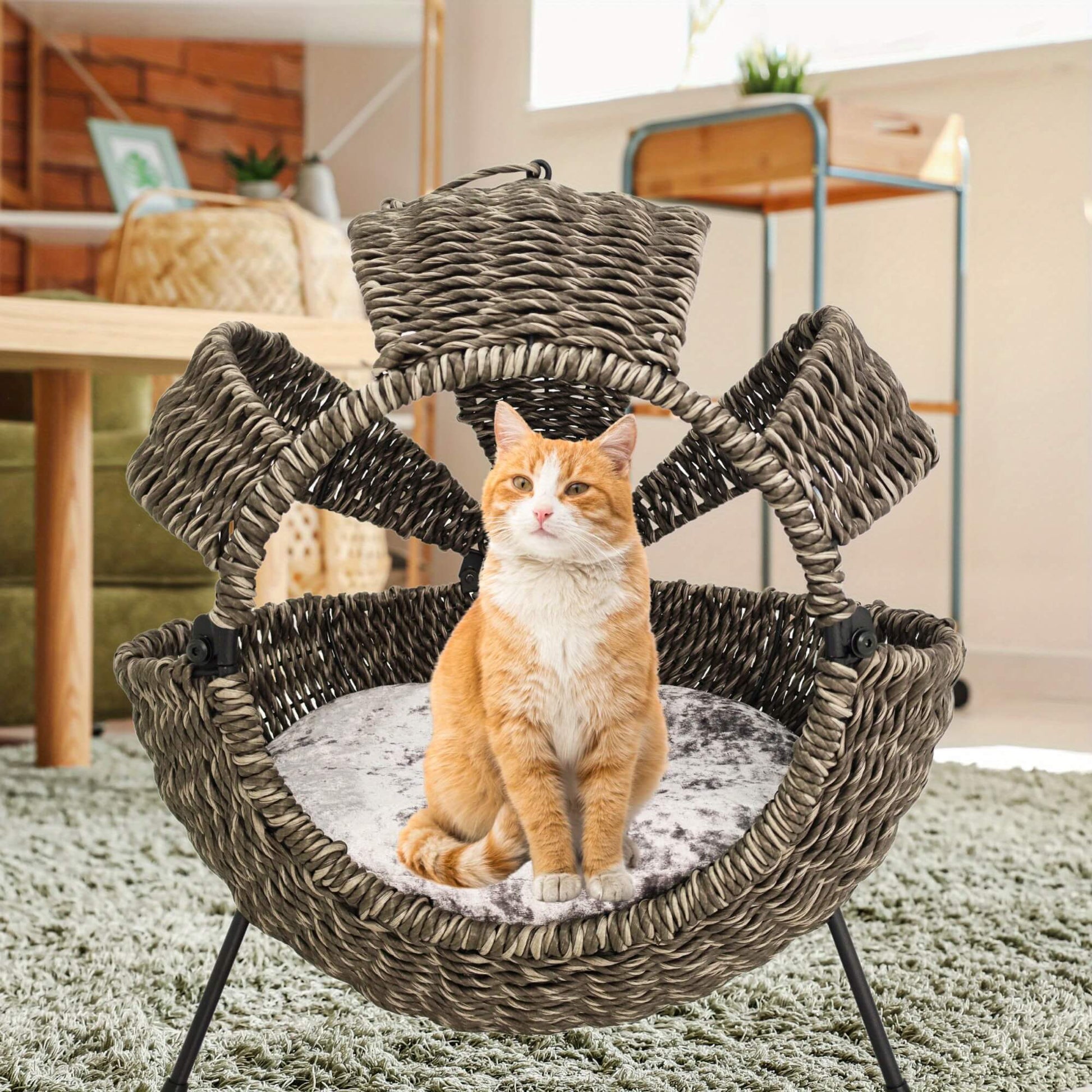 Cat sitting on a wicker pet bed with multiple levels in a home setting.