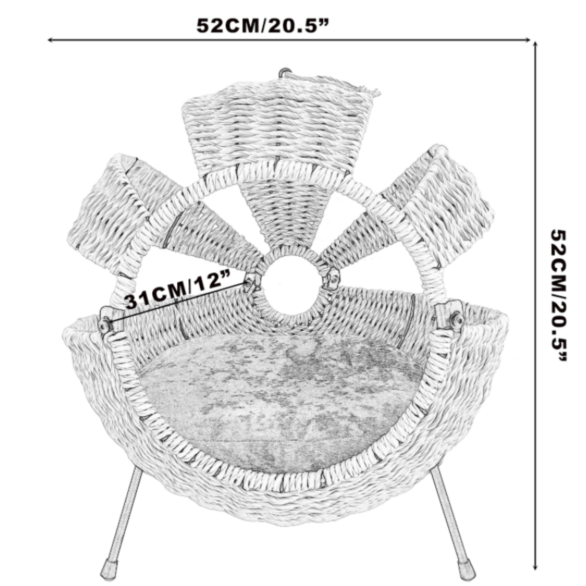 Wicker pet bed with dimensions indicated on a white background
