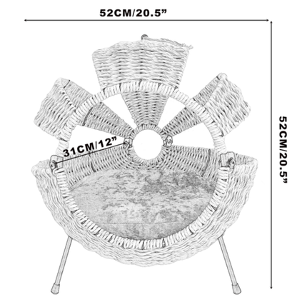 Wicker pet bed with dimensions indicated on a white background
