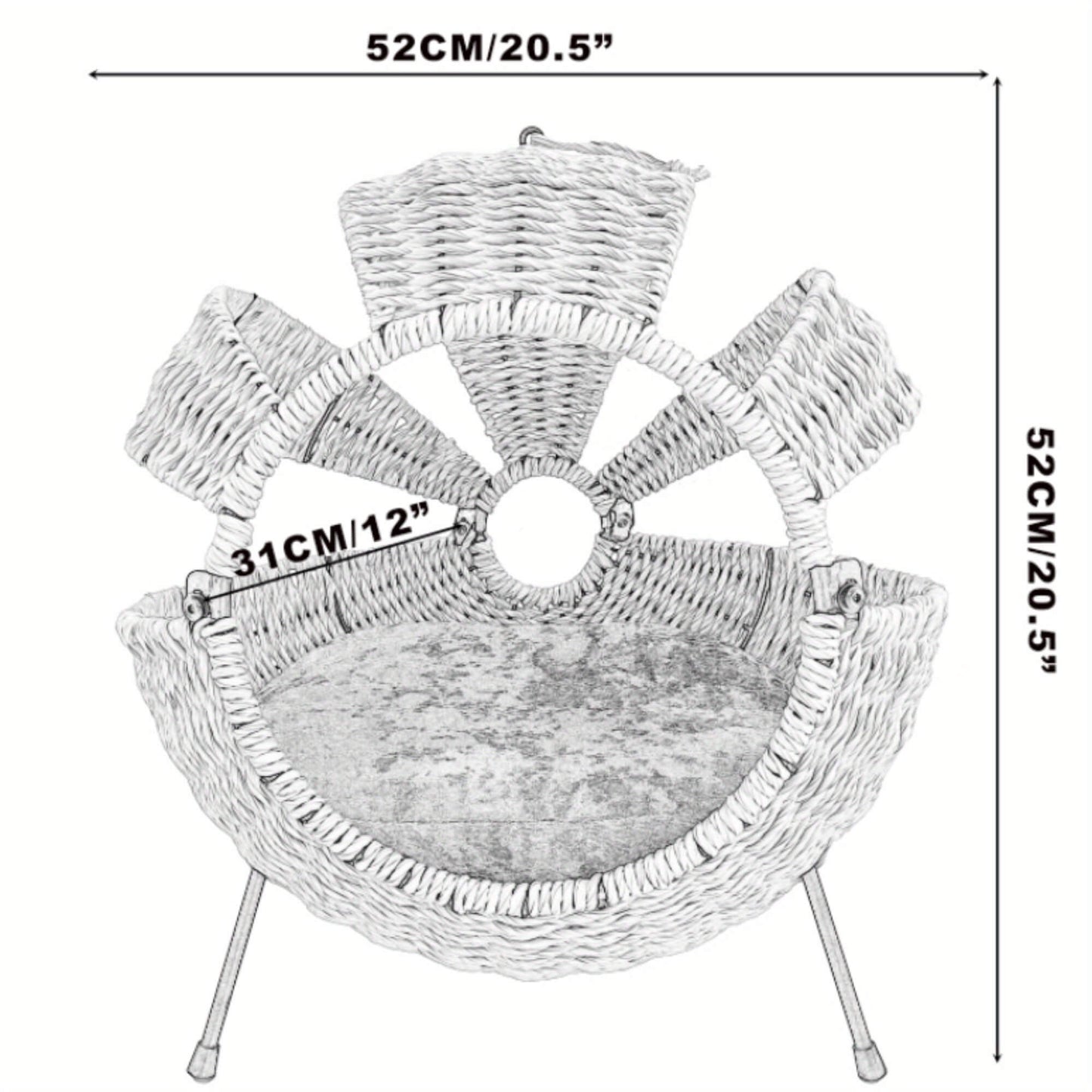 Wicker basket with dimensions labeled on a white background