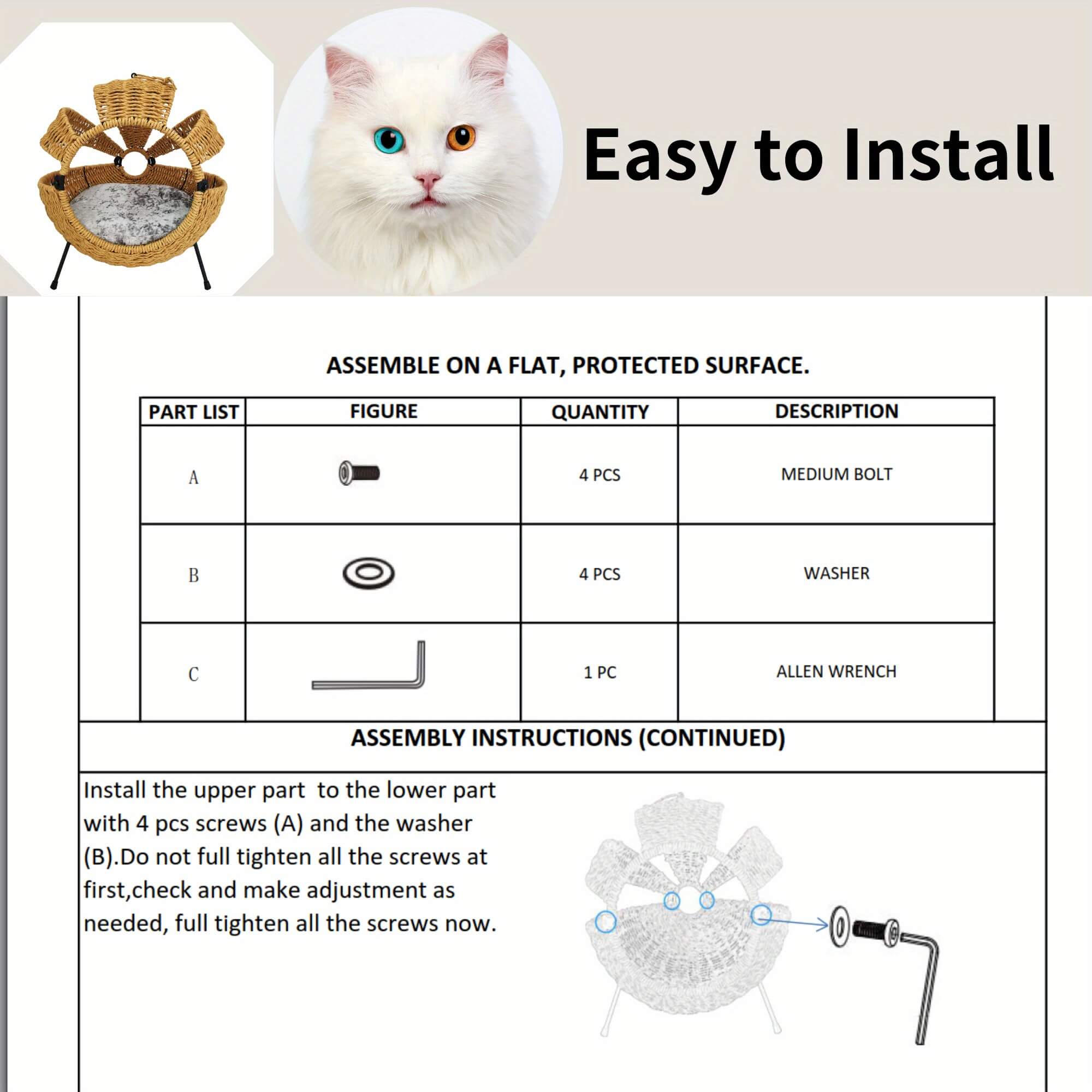 Cat wearing a cone on its head with assembly instructions and parts list on a white background.