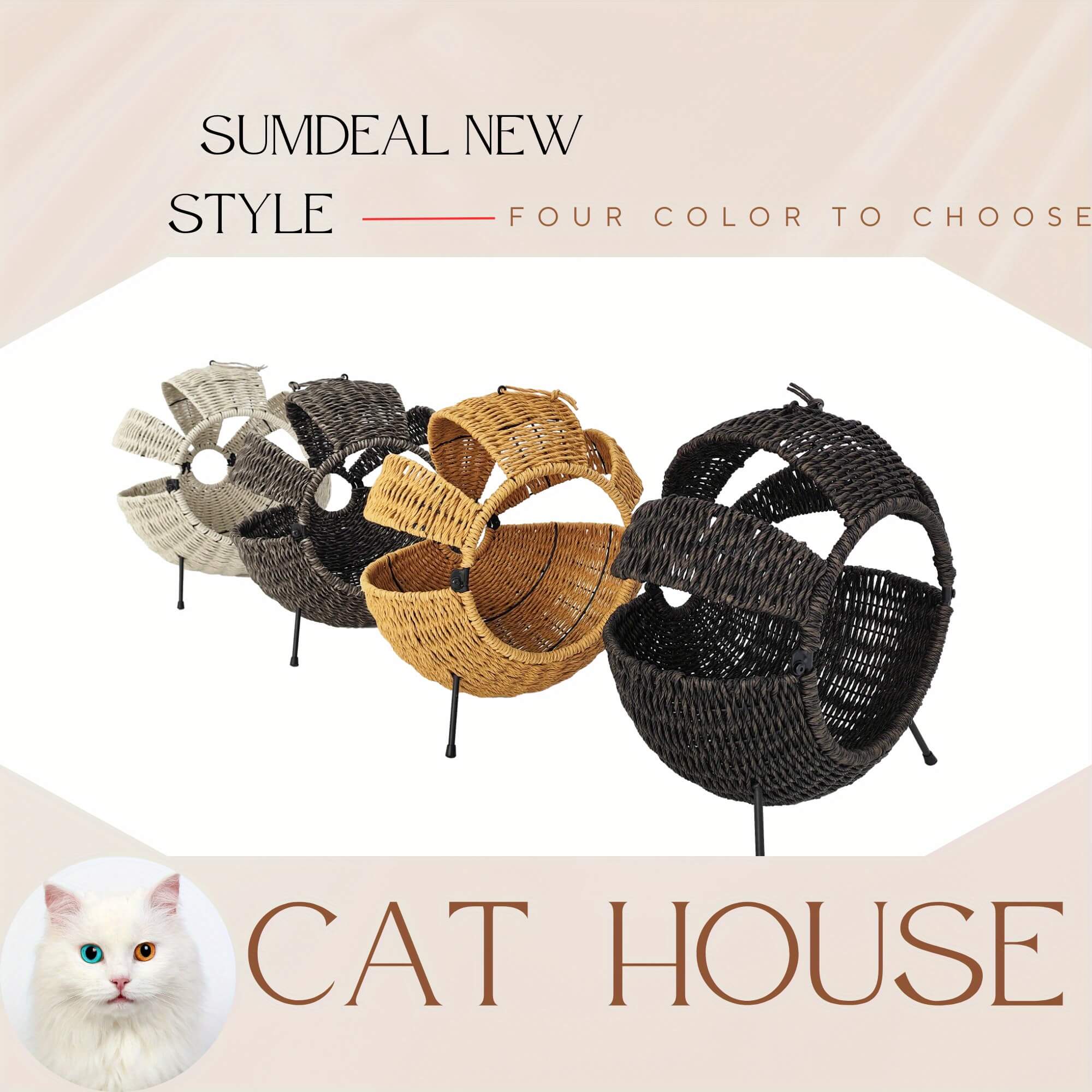 Cat house with four color options on a beige background