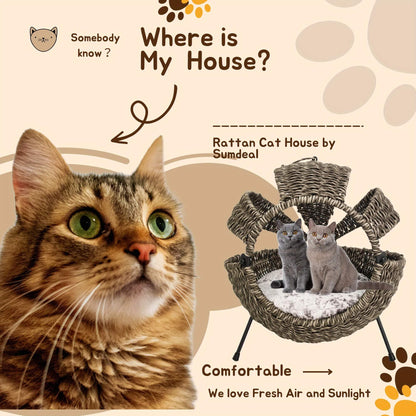 Rattan cat house by WorkeZn Interiors with a cat looking at it, on a patterned background.