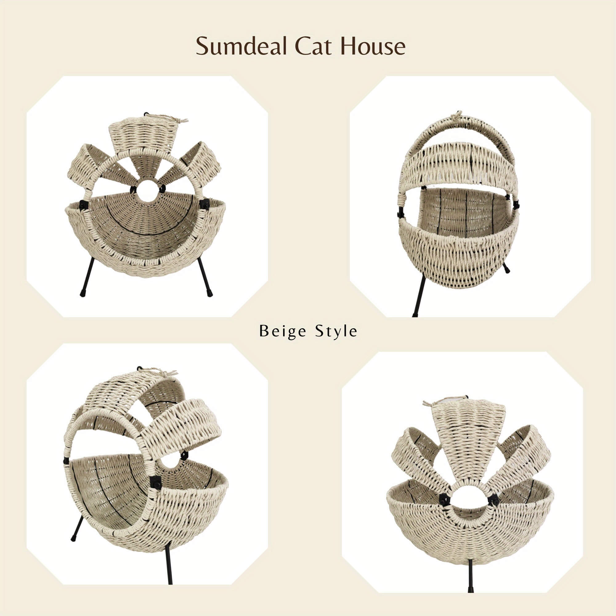 Wicker Cat House in beige style shown from different angles on a beige background
