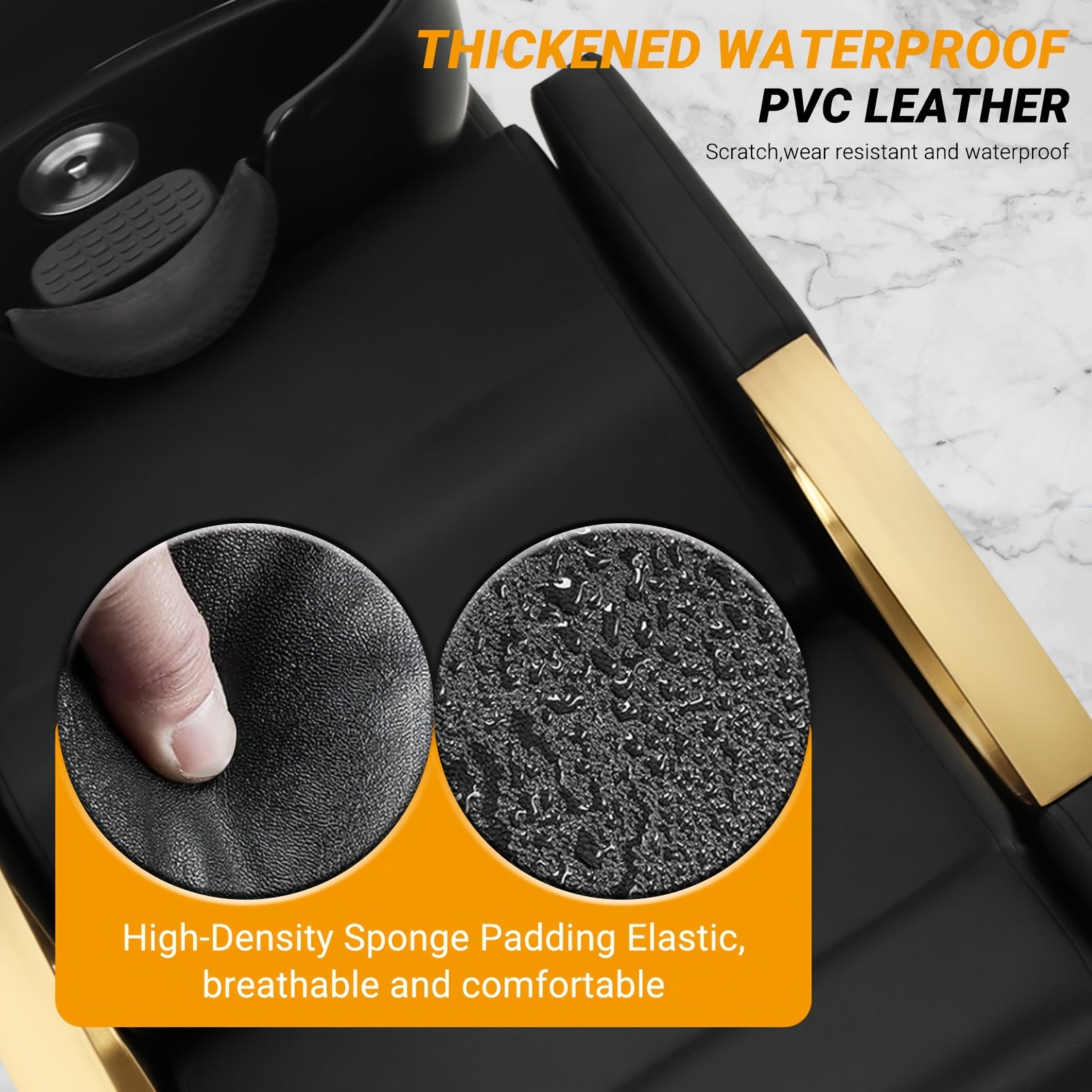 Black leather car seat cover with gold stitching, showing texture and thickness, on a white background.