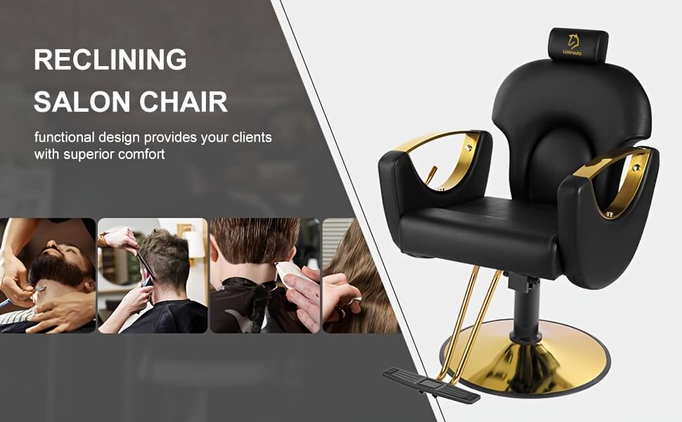 Black reclining salon chair with gold accents on a white background, surrounded by images of people getting haircuts.