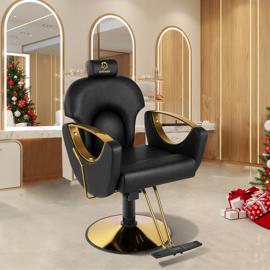 Black and gold reclining barber chair in a decorated room with Christmas decorations.