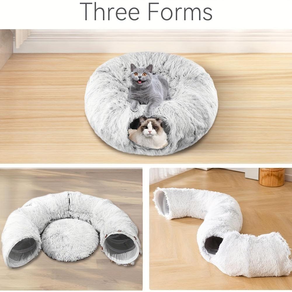 Collapsible cat donut in three forms on a wooden surface.