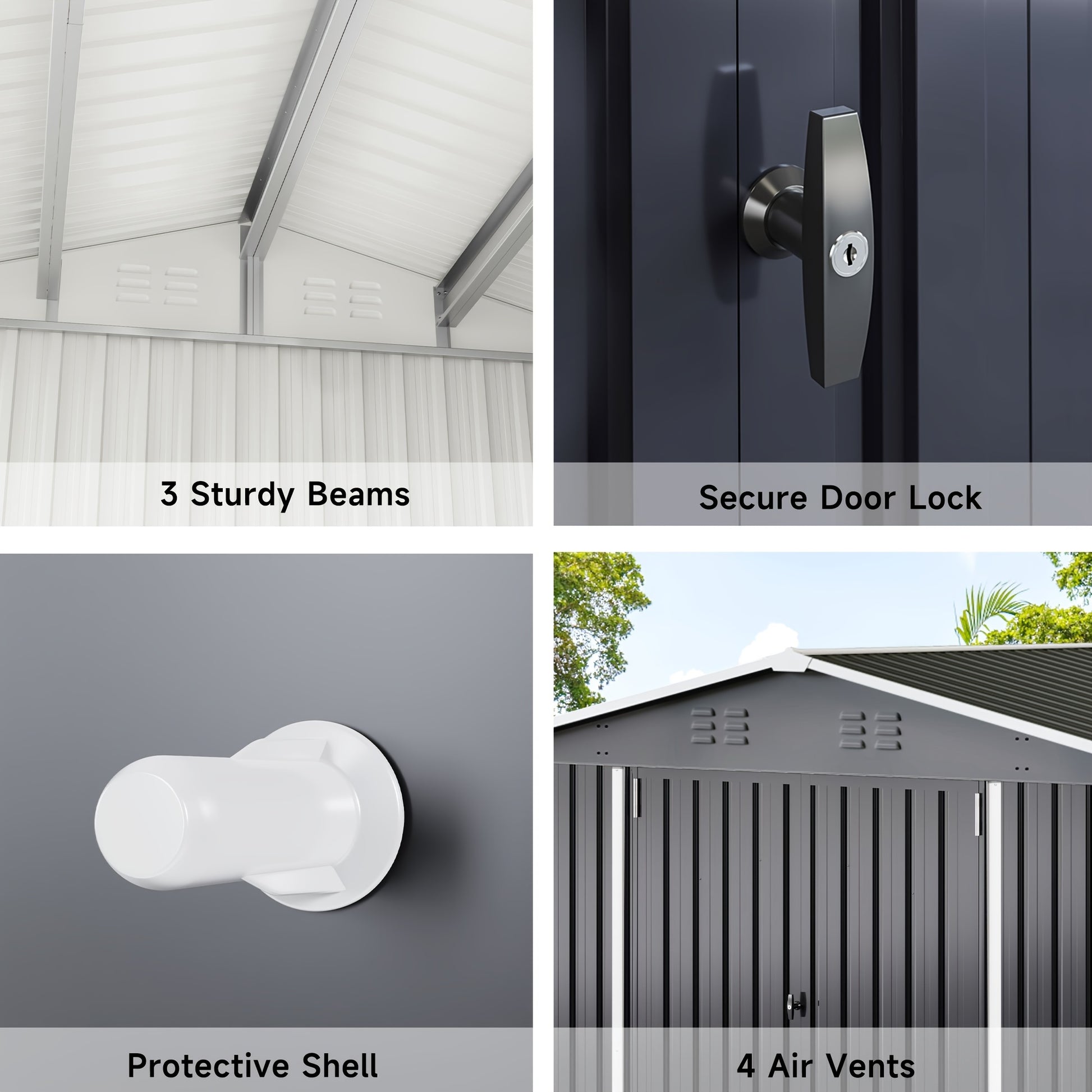 Collage of features of a modern outdoor shed​ including sturdy beams, secure door lock, protective shell, and air vents on a storage shed.