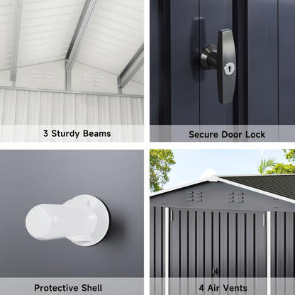 Collage of features of a modern outdoor shed​ including sturdy beams, secure door lock, protective shell, and air vents on a storage shed.