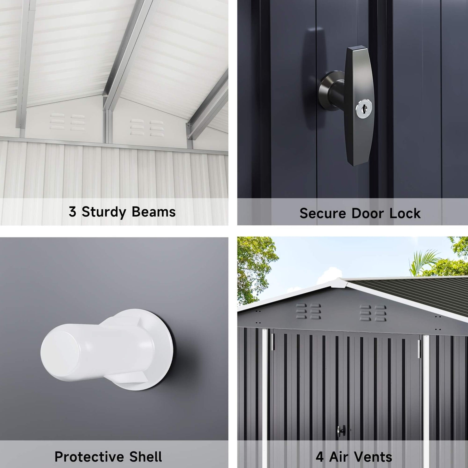 Collage of features of the moden outdoor shed including sturdy beams, secure door lock, protective shell, and air vents on a storage shed.