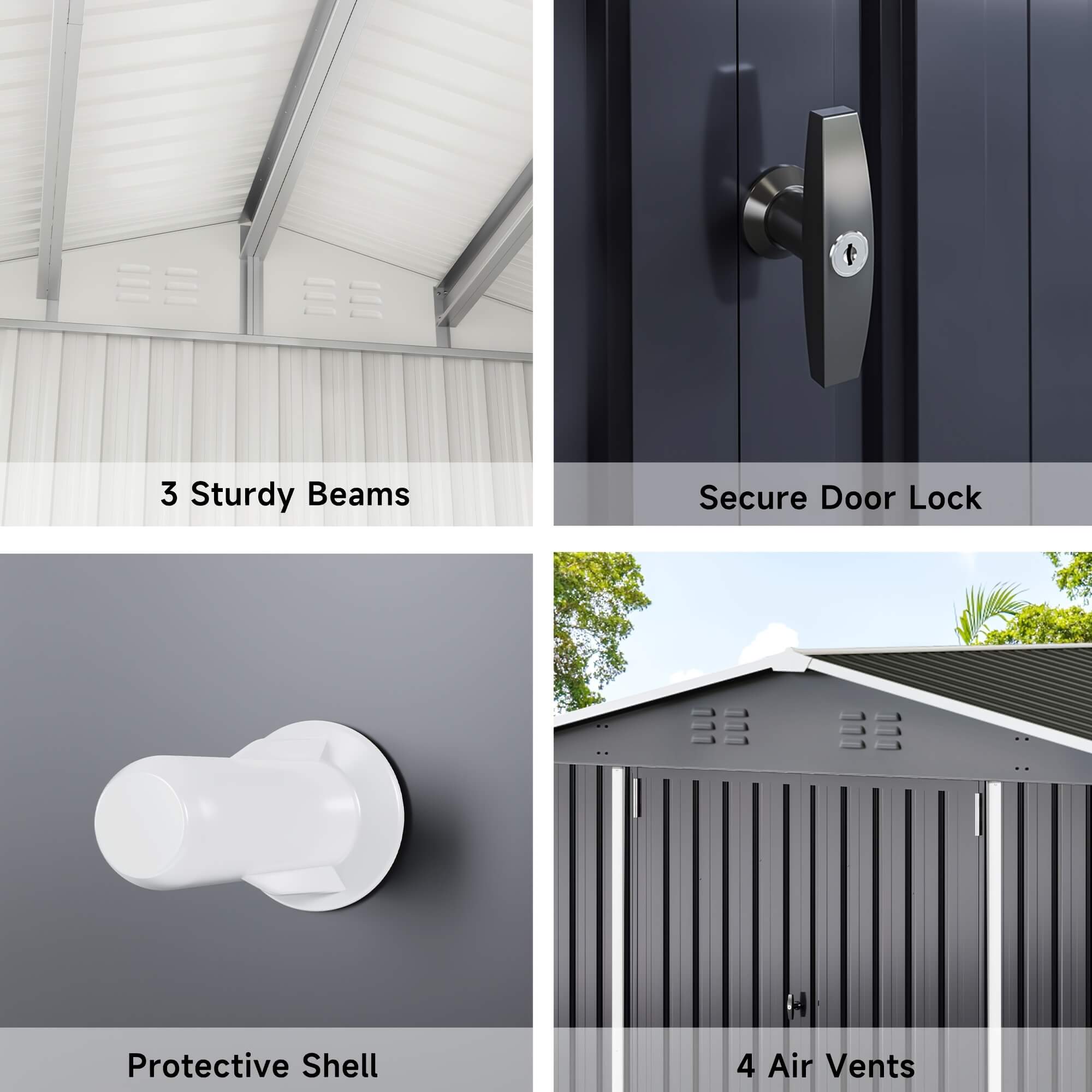 Collage of features of a modern outdoor shed​ including sturdy beams, secure door lock, protective shell, and air vents on a storage shed.