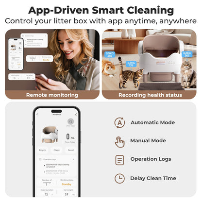 Automatic cat litter box with app control, remote monitoring, and health status recording.