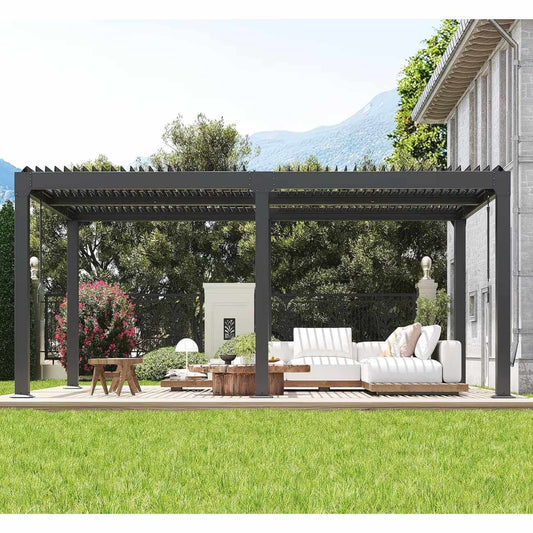 A modern pergola over a beige sectional sofa, surrounded by greenery and trees
