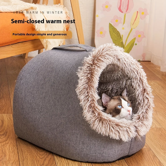 Cat in a cat cave bed which is semi-closed warm nest on a wooden floor with text about keeping warm in winter.