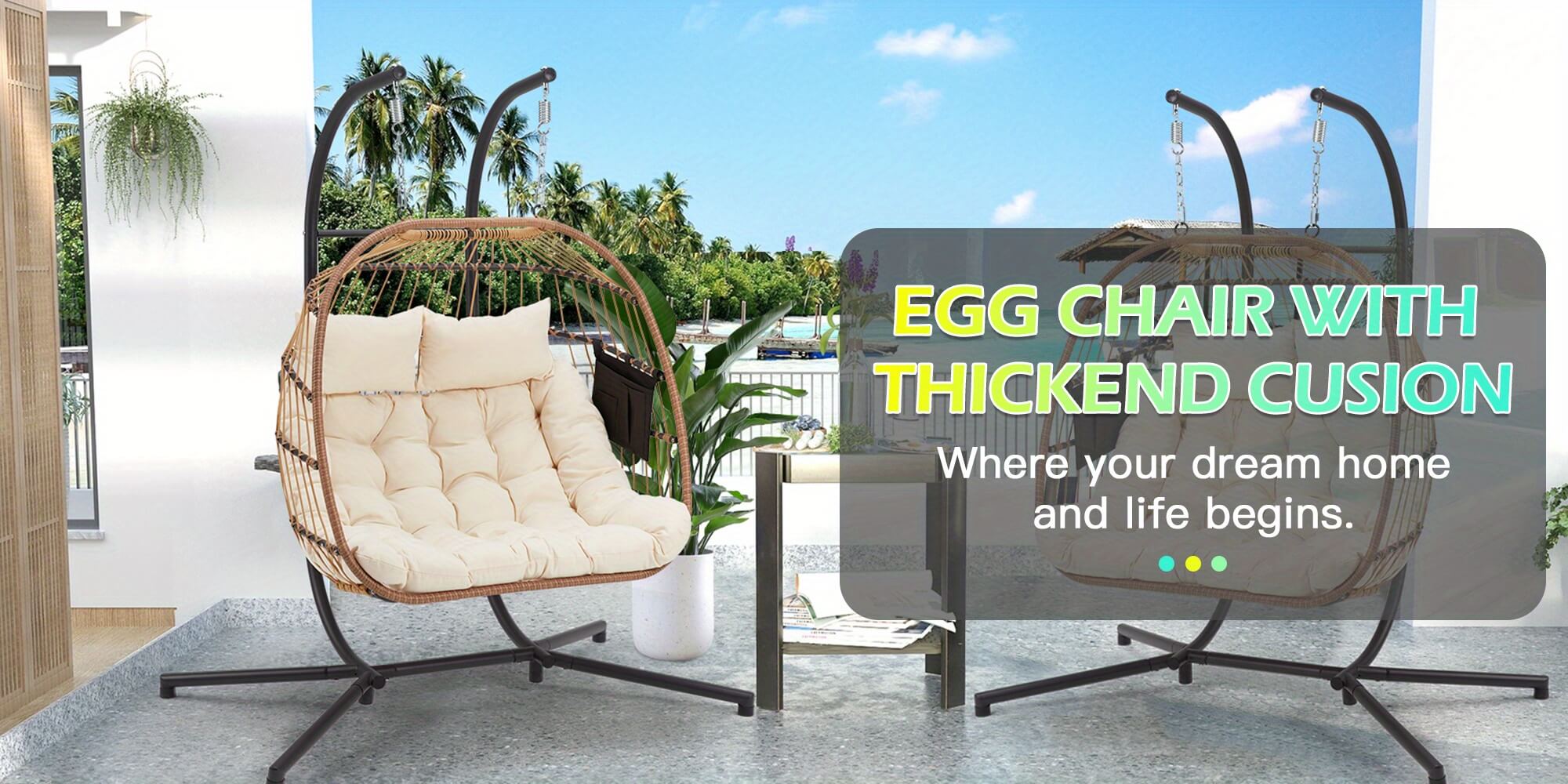 Egg chair with stand with thickened cushion on a patio with text overlay.