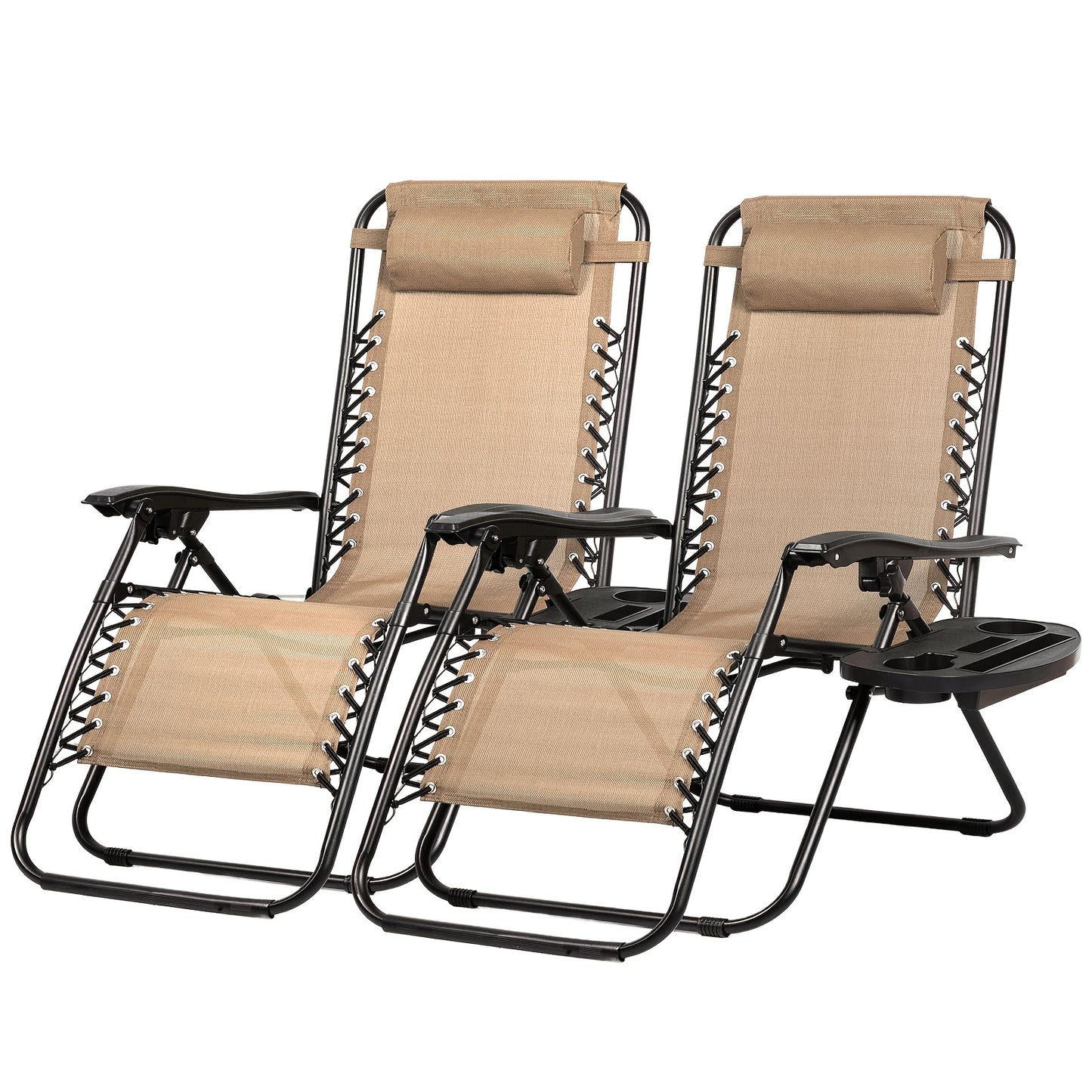 Two beige zero-gravity chairs with black frames on a white background