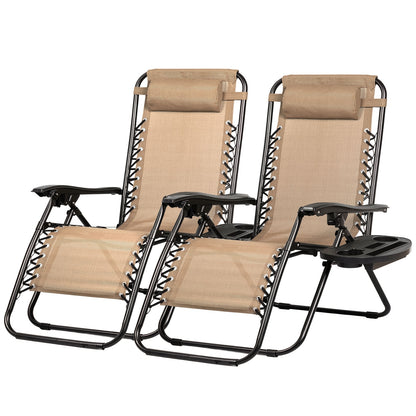 Two beige zero-gravity chairs with black frames on a white background