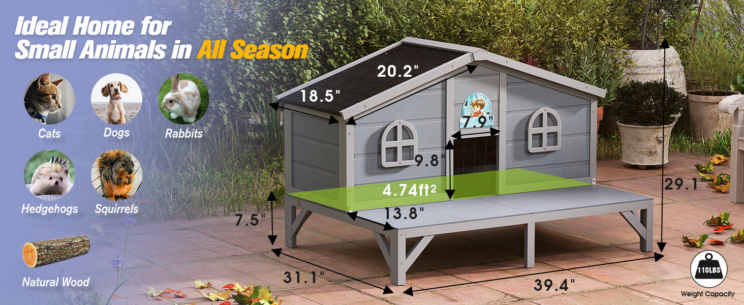 Small animal house with dimensions and features on a patio background