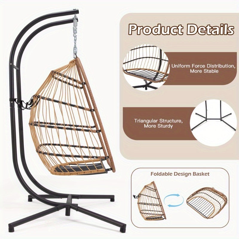 Hanging chair with stand and product details on a white background