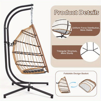 Hanging chair with stand and product details on a white background