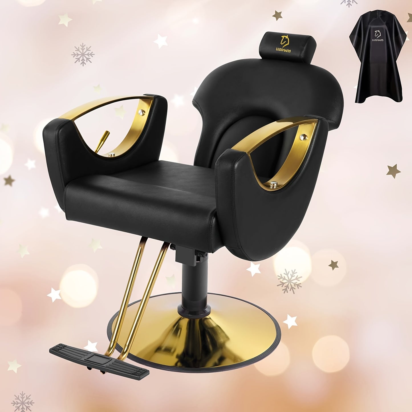 Black and gold reclining barber chair with a cape on a decorative background