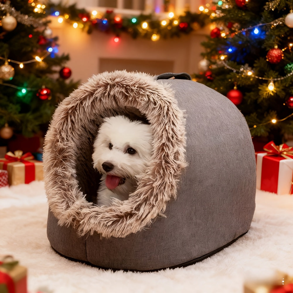 Dog in a cozy cat cave bed with Christmas trees and decorations in the background