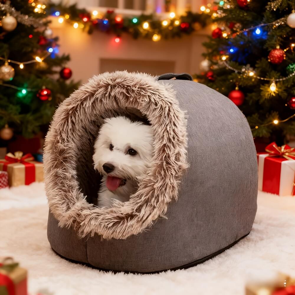 Dog in a cozy cat cave bed with Christmas decorations in the background
