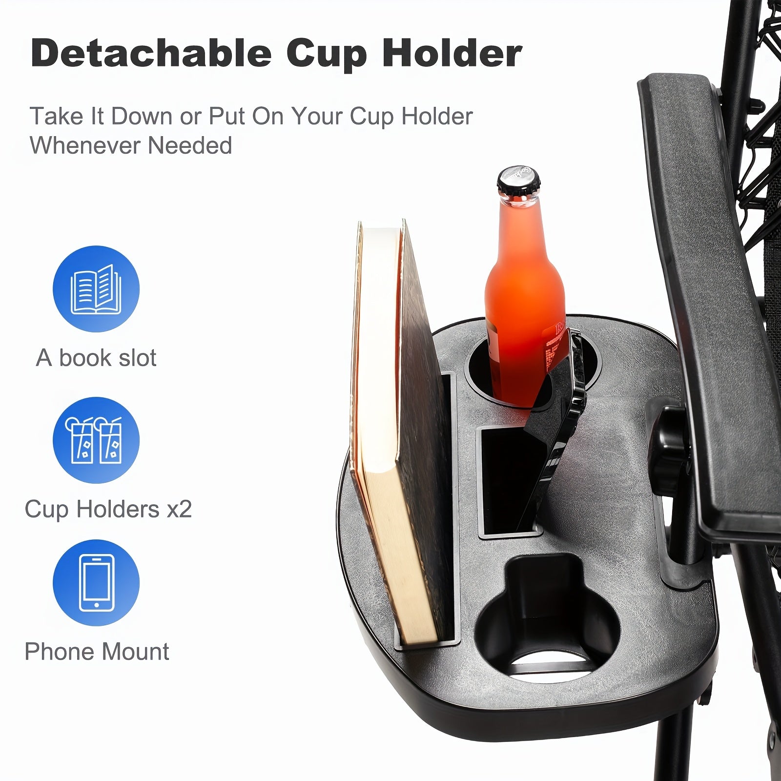 Detachable cup holder with book slot, cup holders, and phone mount on a white background