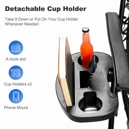 Detachable cup holder with book slot, cup holders, and phone mount on a white background