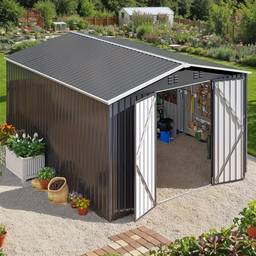Modern storage shed with open doors in a garden setting