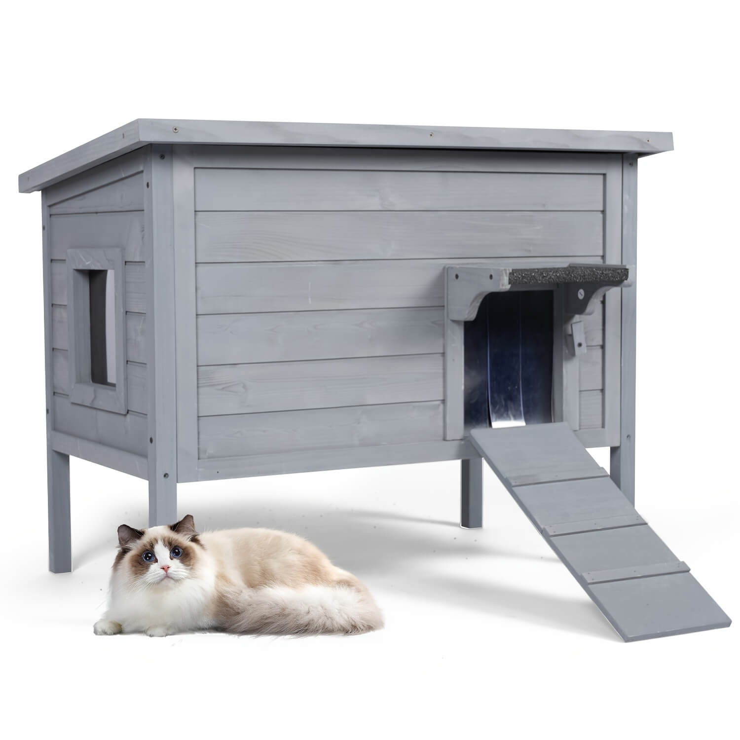 Gray wooden pet house with a cat lying in front on a white background