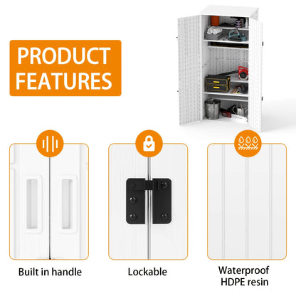 Resin outdoor storage shed with product features highlighted on a white background