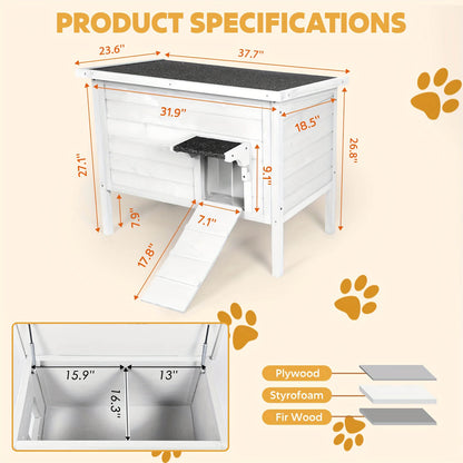 Product specifications of a pet playpen with dimensions and material details on a beige background.