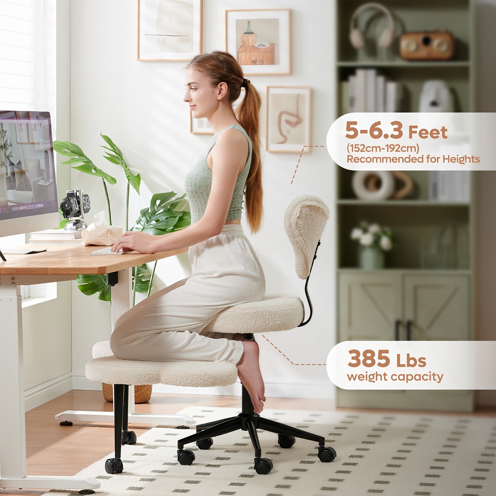 Woman sitting on a ergonomic chair at a desk with text about height and weight capacity.