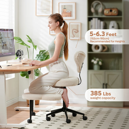 Woman sitting on a ergonomic chair at a desk with text about height and weight capacity.