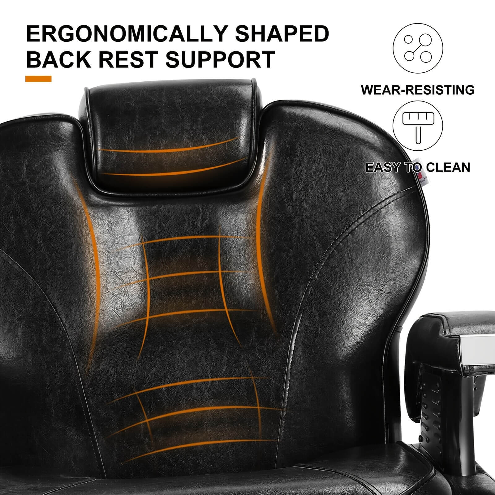 Black ergonomic back rest support with orange accents on a white background