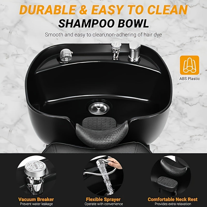 Black hair salon backwash unit with text highlighting features on a gray background