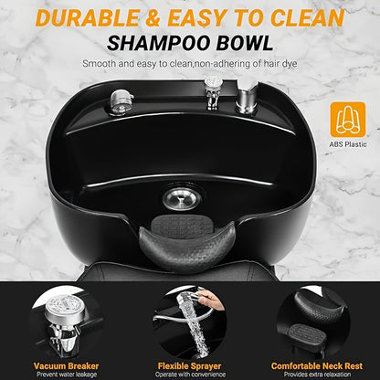 Black hair salon backwash unit with text highlighting features on a gray background