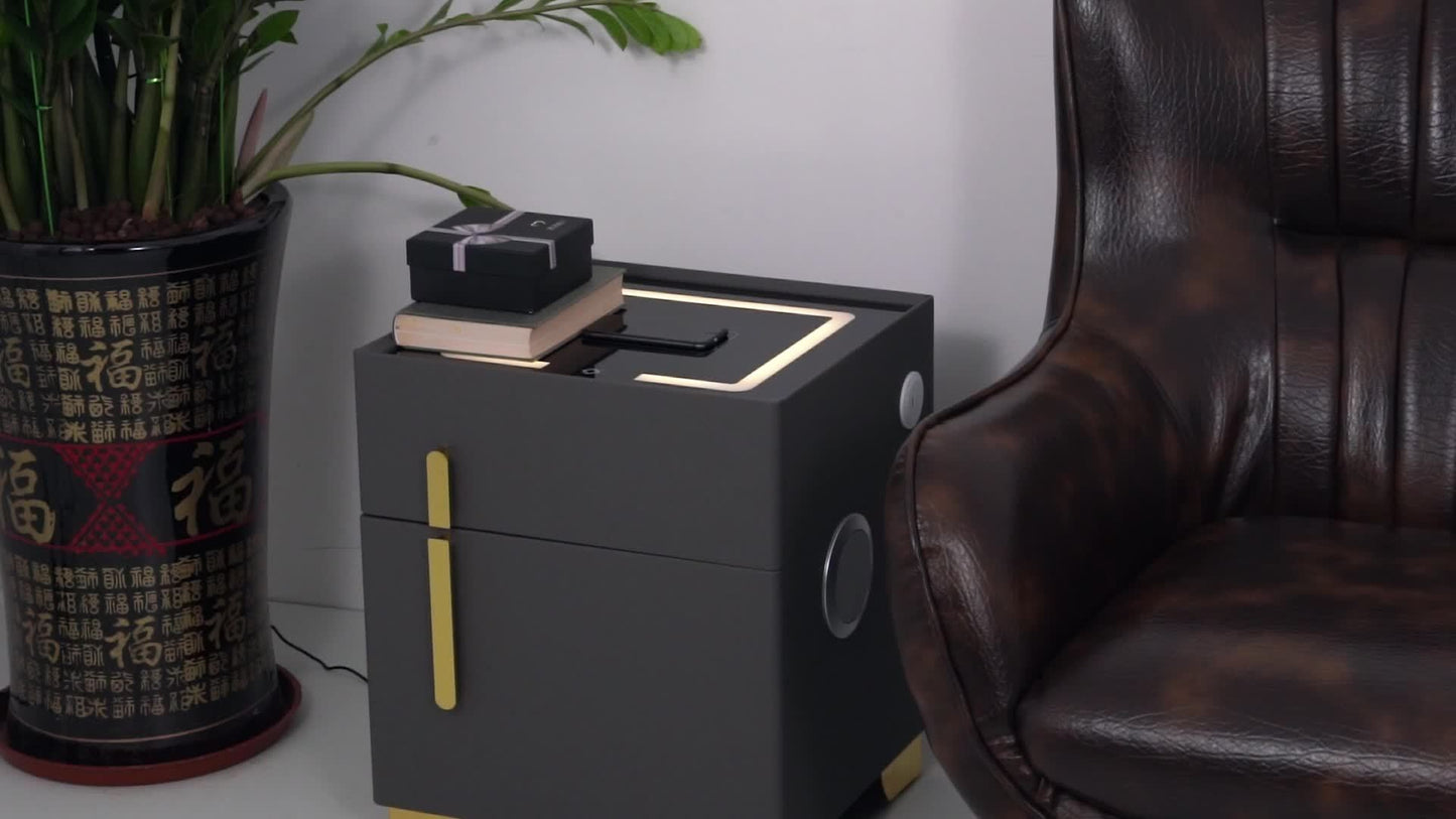 Modern side table with a plant and leather chair in a room setting