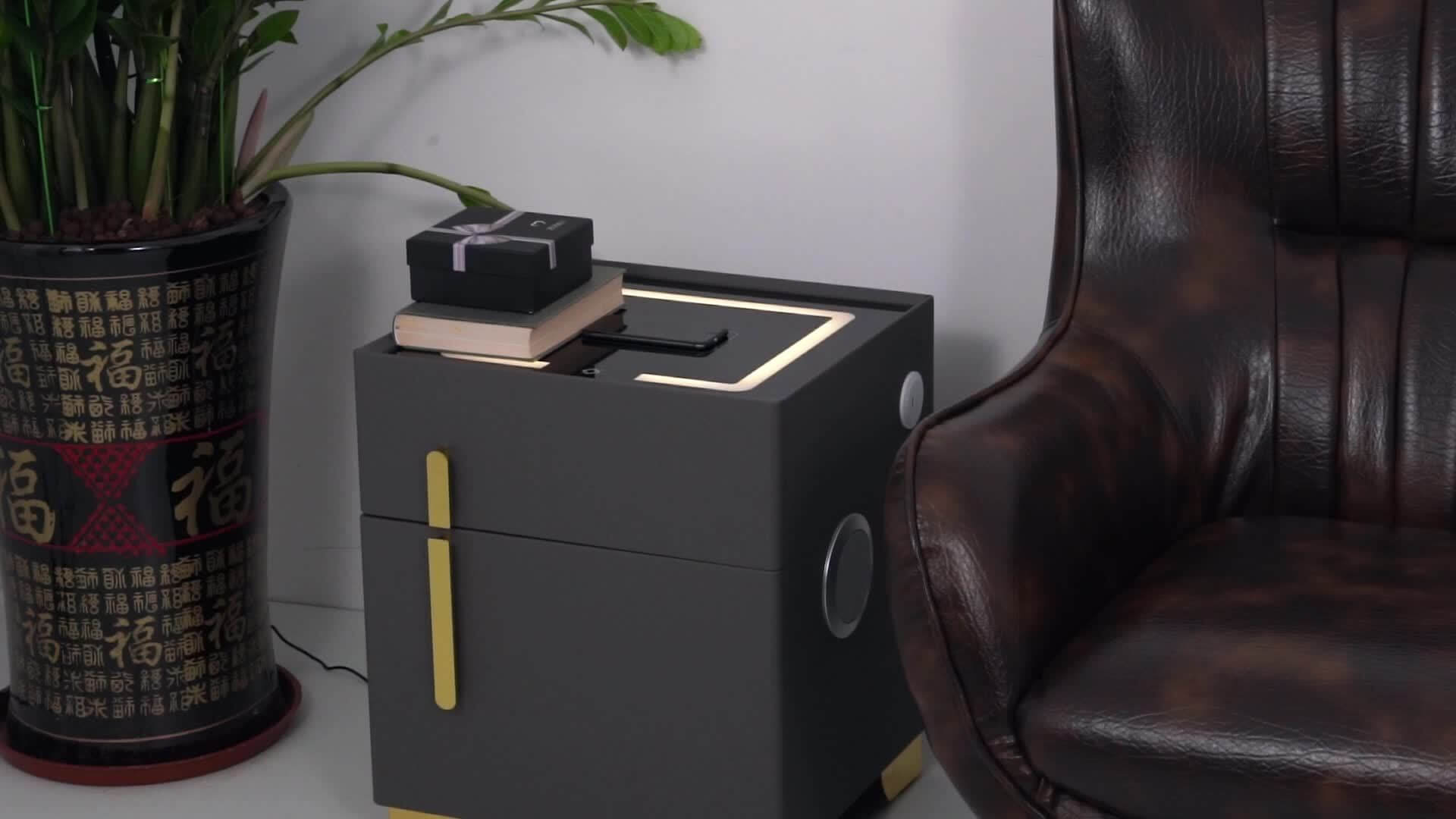 Modern side table with a plant and leather chair in a room setting