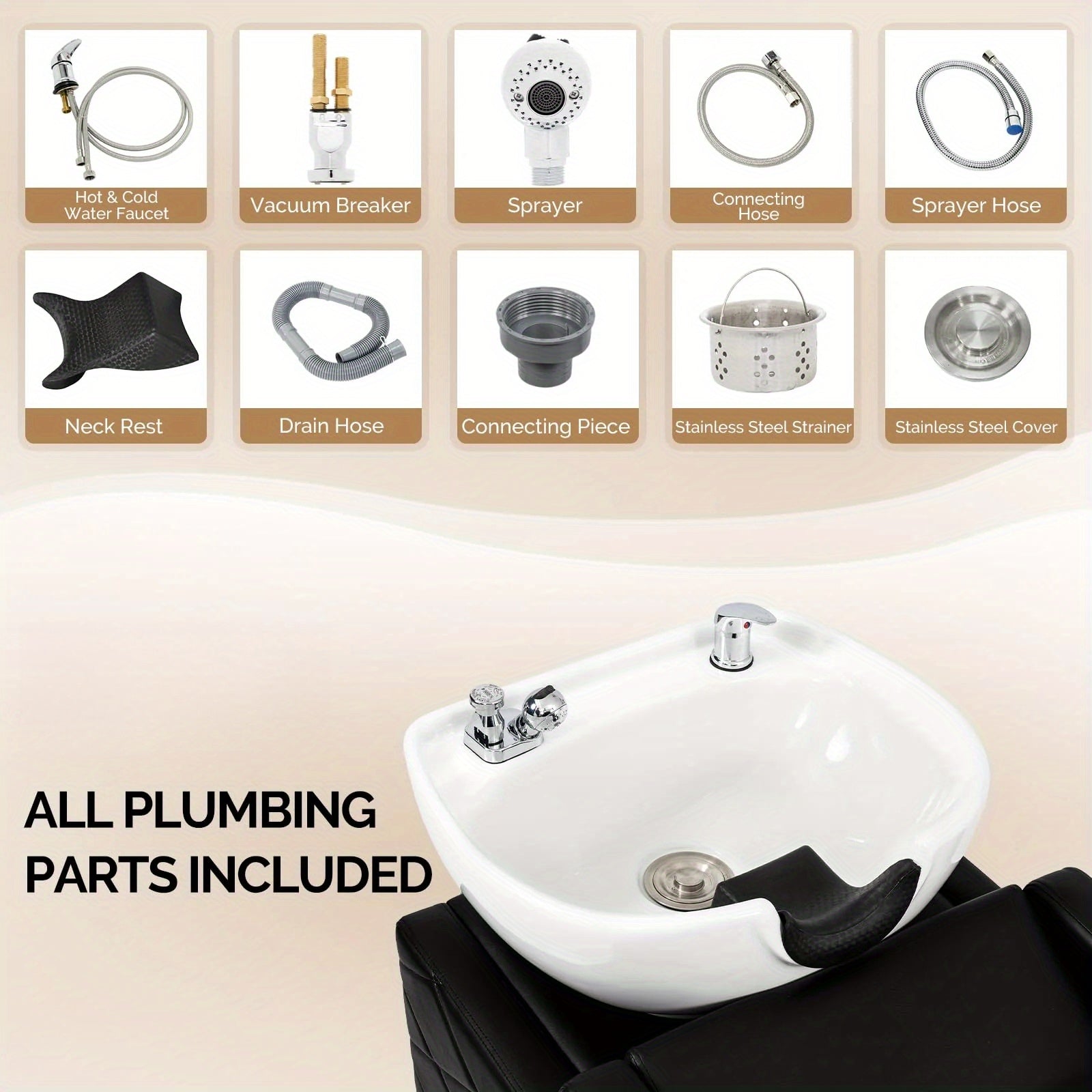 Stylish Salon Backwash Unit with plumbing parts displayed on a beige background