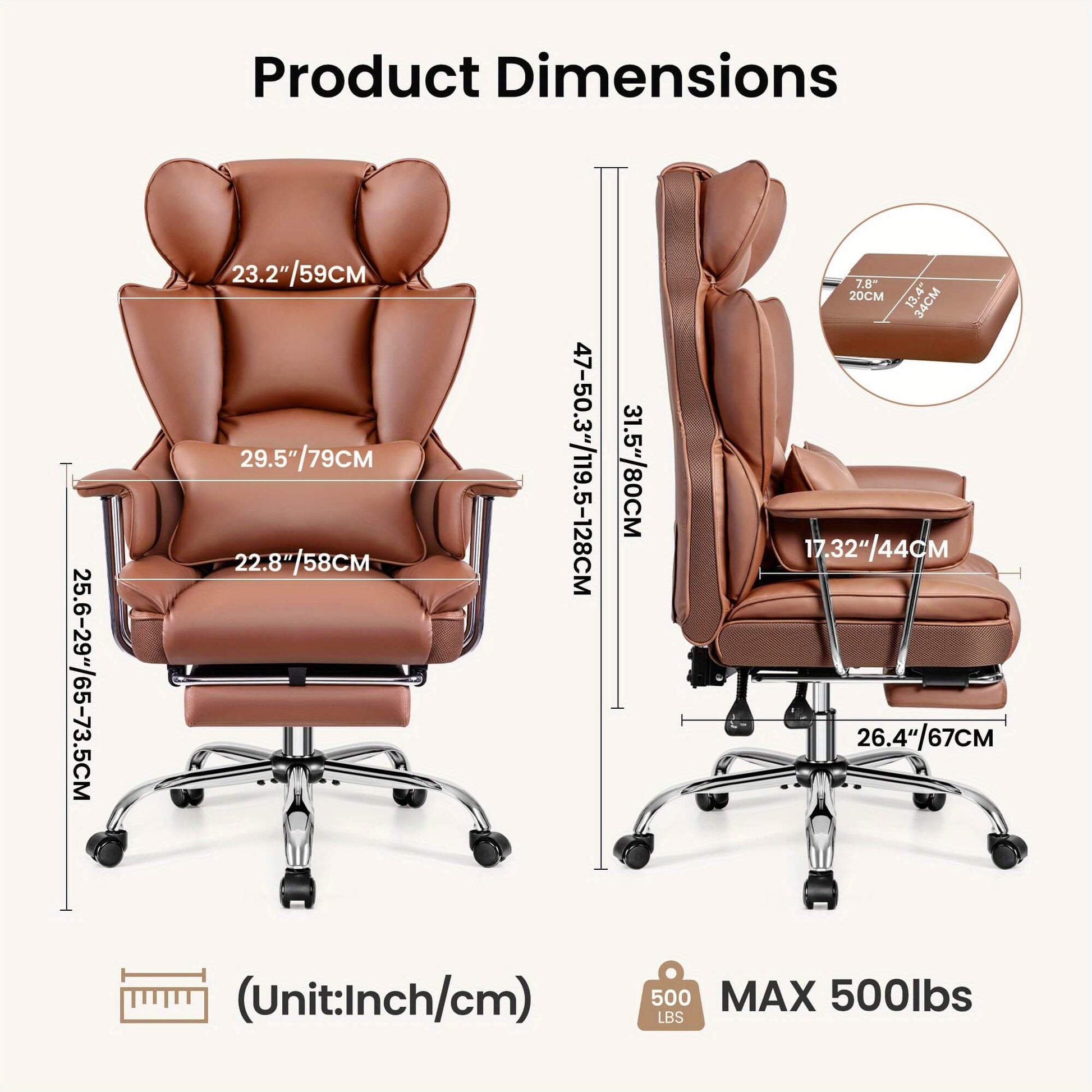 Brown executive office chair with dimensions labeled on a white background