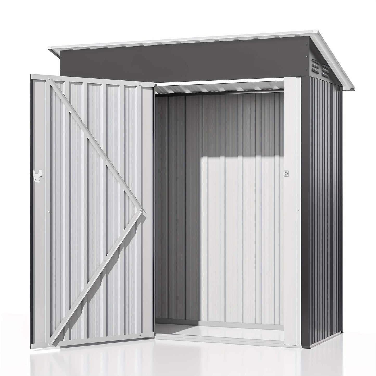 Metal storage shed with open door on a white background