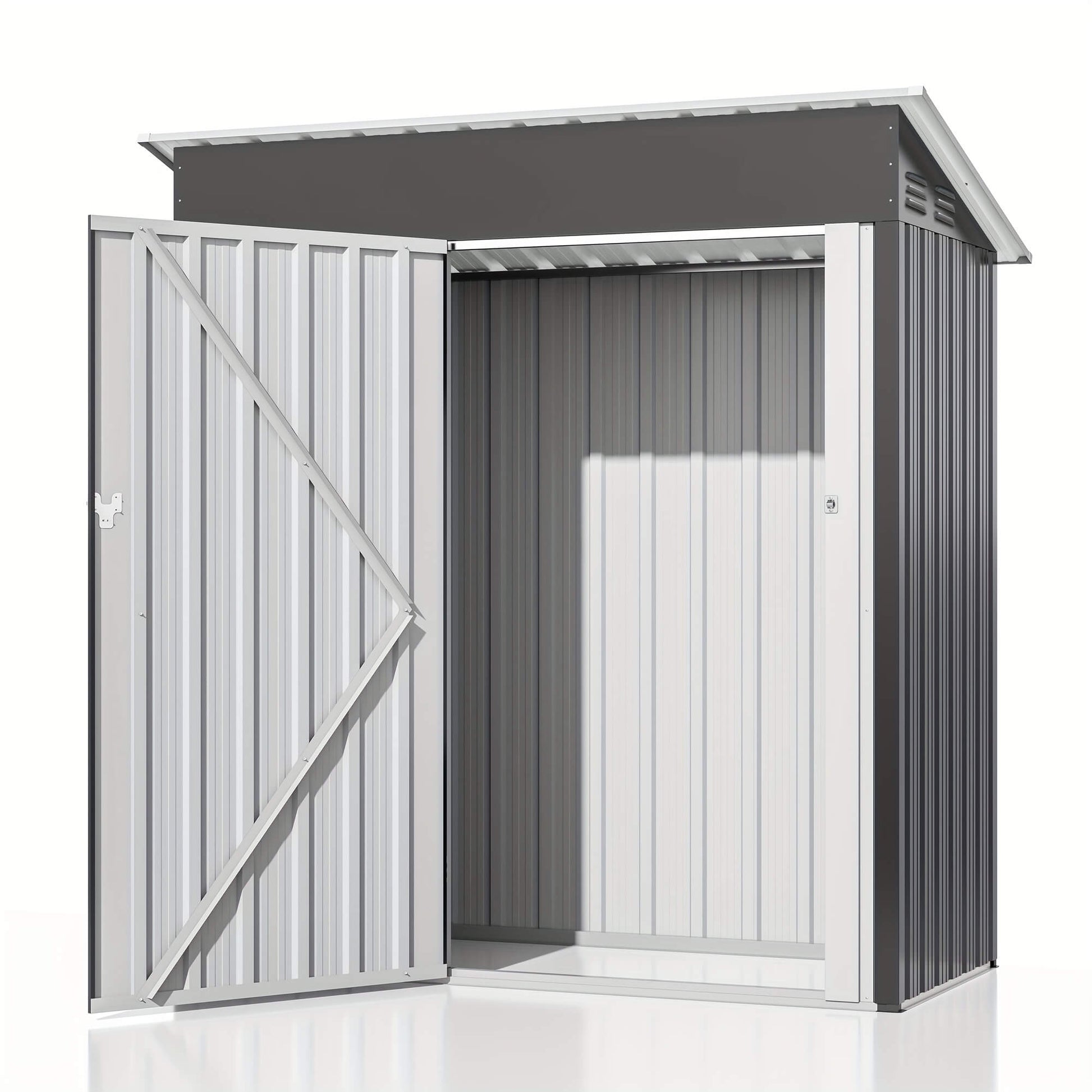 Metal storage shed with open door on a white background